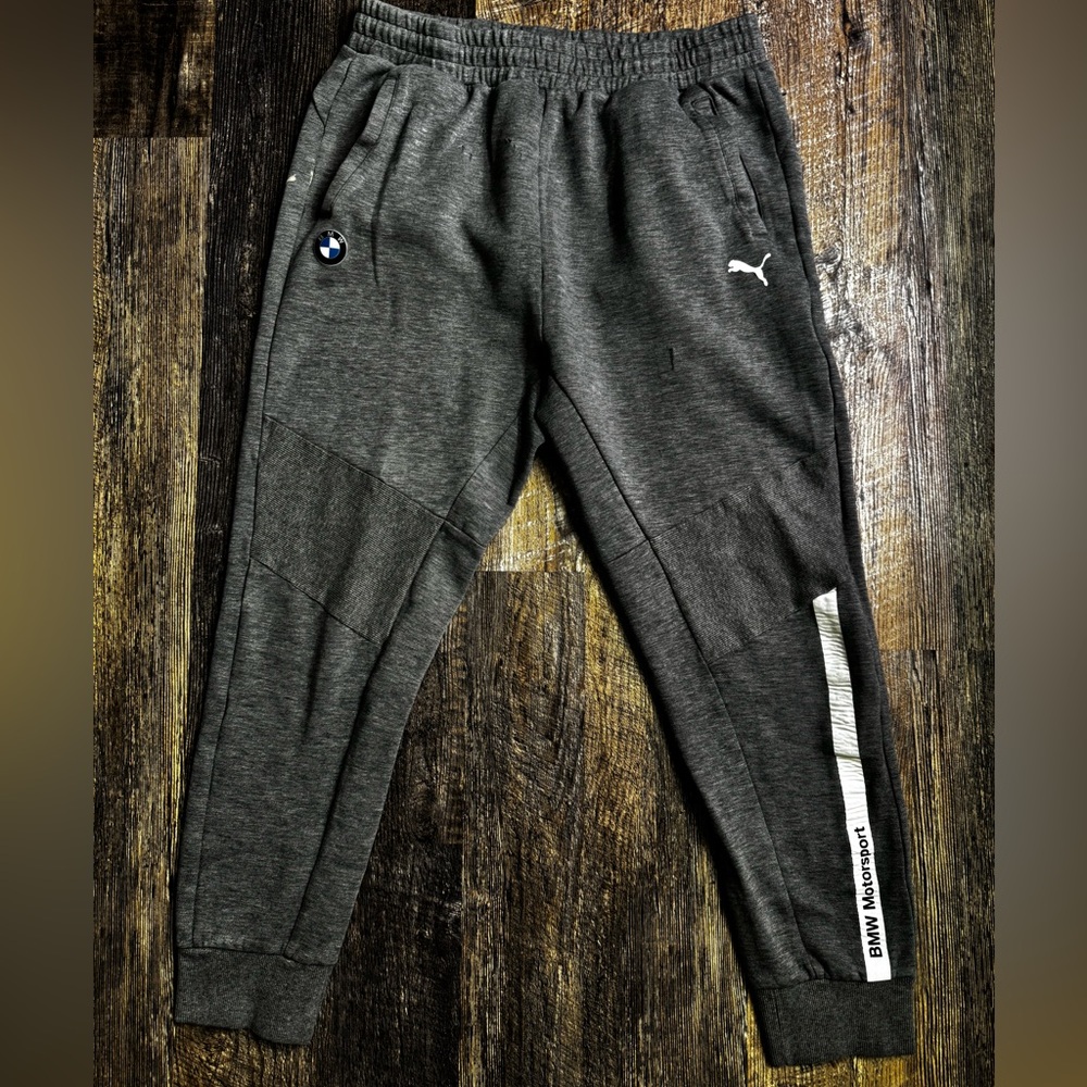 Large Puma x BMW Motorsports Dark Gray Sweatpants Distressed From Use Sold As Is